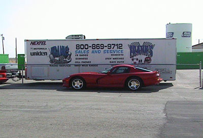 Red Viper in front of trailer
